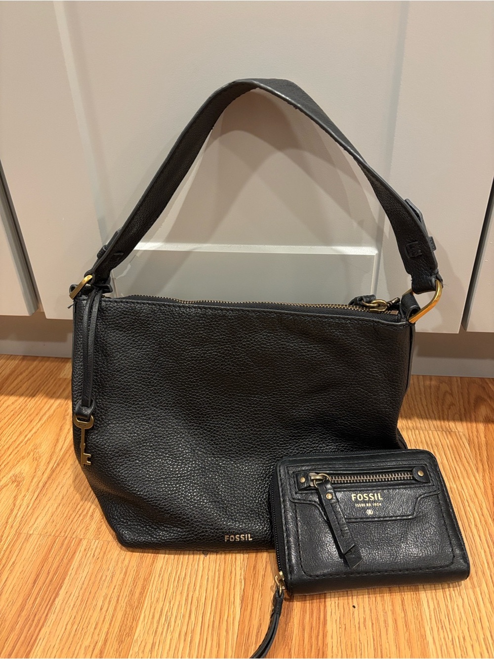 Fossil Black Leather Wallet and Bucket Purse with Gold Accents